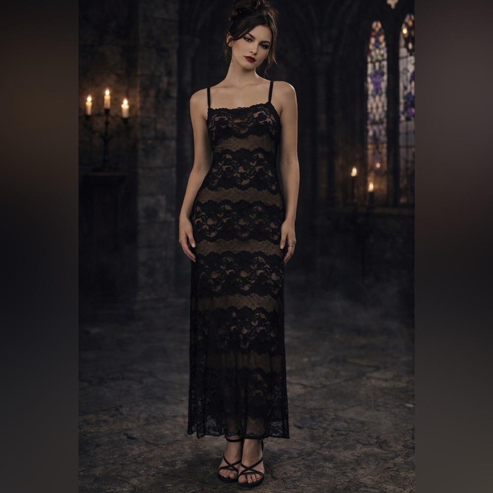 Vintage Hampton Nites Black Lace Y2K Maxi Dress Womens 8 Prom Whimsigoth HOCO